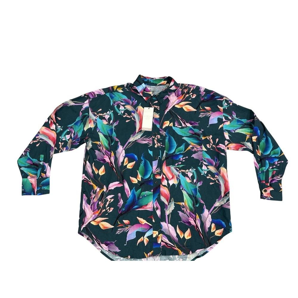 Women‎ 's Calia OVERSIZED Button Down Floral Linen Swimsuit Swim Cover Up Medium